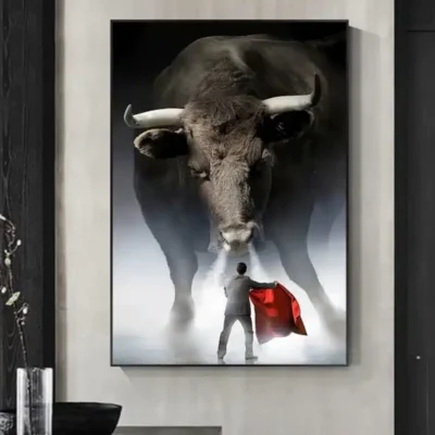Bull and Small Man Artwork Printed on Canvas