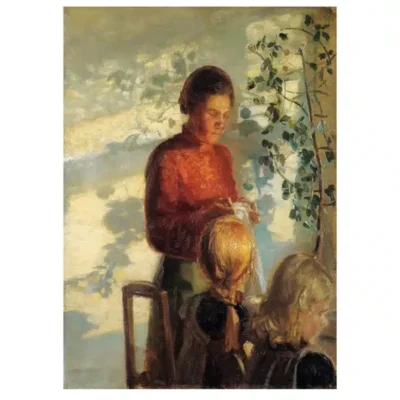 Painting by Anna Ancher (3) Two Little Girls Being Taught How To Sew 1910
