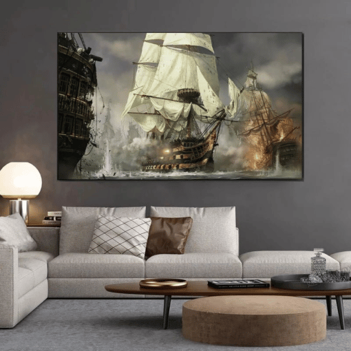 Sailing Ships in Battle Painting Printed on Canvas