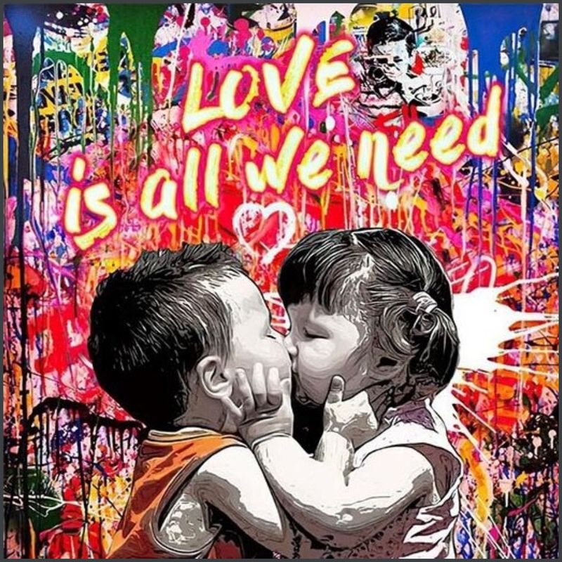 Little Kids Kissing Graffiti Painting Printed on Canvas