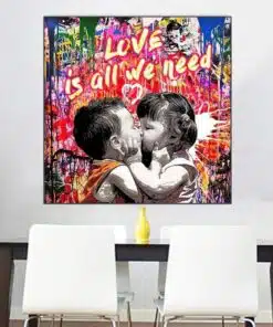 Little Kids Kissing Graffiti Painting Printed on Canvas