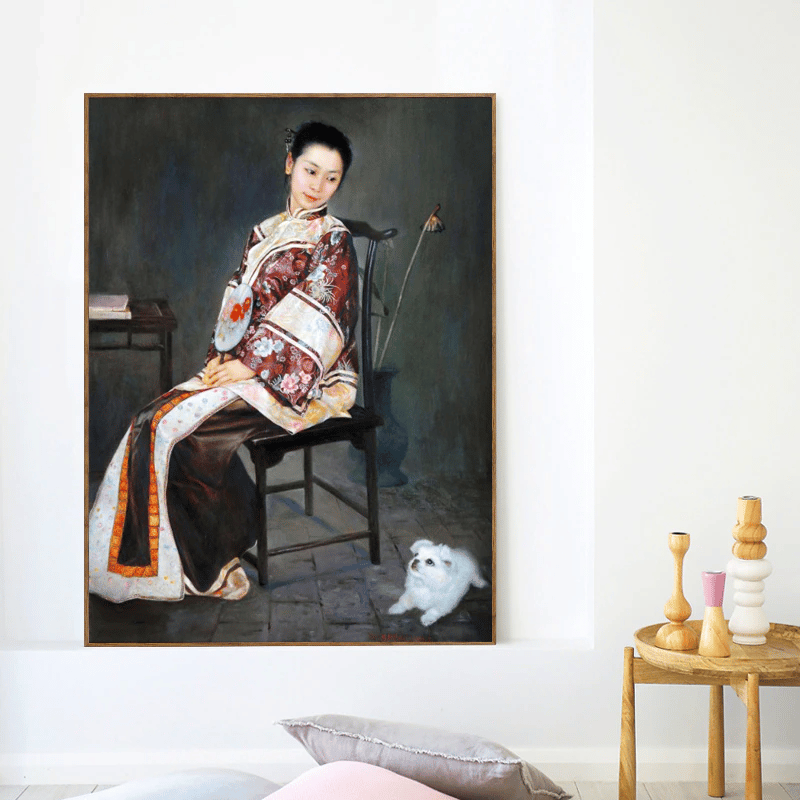 Painting of a Chinese Woman and a Small Dog Printed on Canvas