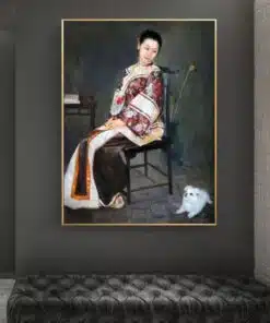 Painting of a Chinese Woman and a Small Dog Printed on Canvas