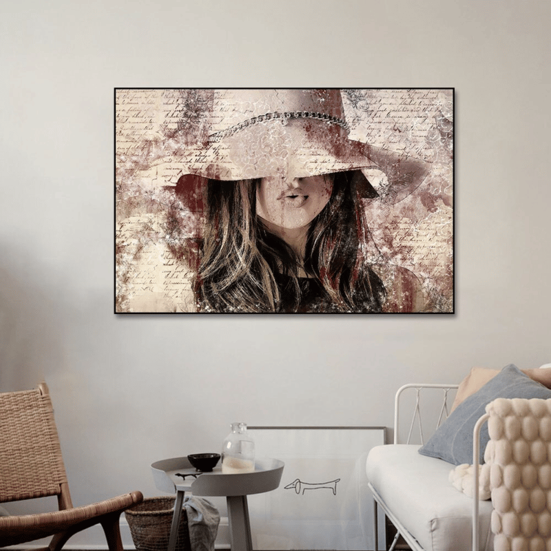Women With Pink Hat Artwork Printed on Canvas