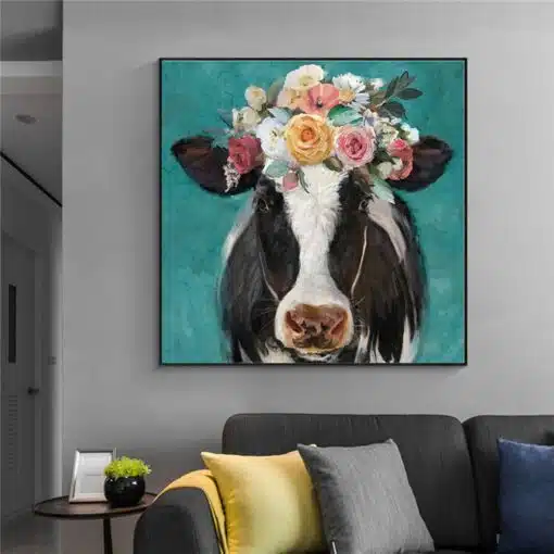 A Cow Wearing Flowers Painting Printed on Canvas