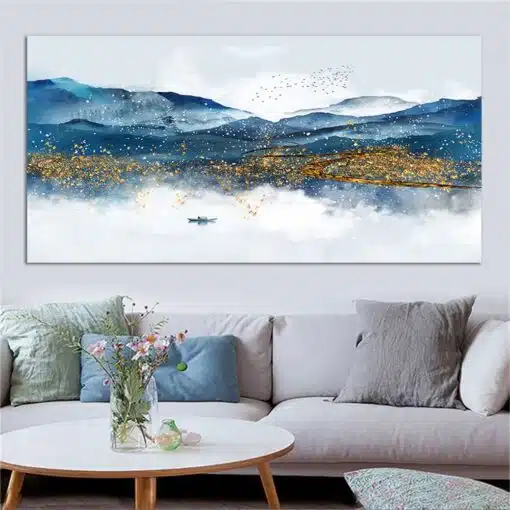 Blue and Golden Mountain Landscape Painting Printed on Canvas