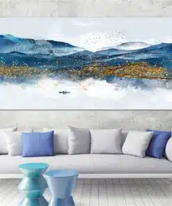 Blue and Golden Mountain Landscape Painting Printed on Canvas