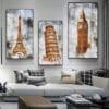 The Eiffel Tower Big Ben and the Tower of Pisa Printed on Canvas