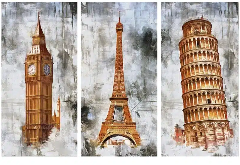 The Eiffel Tower Big Ben and The Tower of Pisa Printed on Canvas
