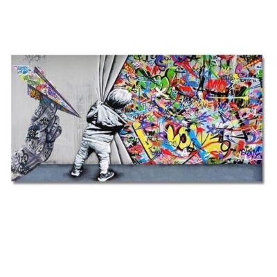 Behind the Curtain Graffiti Art in Banksy Style Printed on Canvas - Image 3