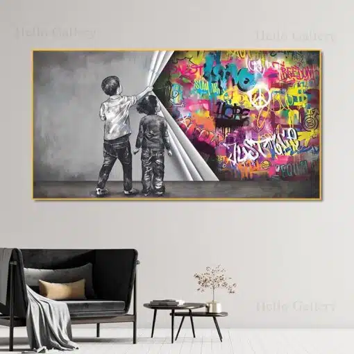 Behind the Curtain Graffiti Art in Banksy Style Printed on Canvas