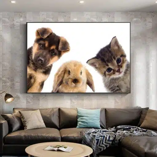 Curious Cute Animals Dog Rabbit and Cat Printed on Canvas