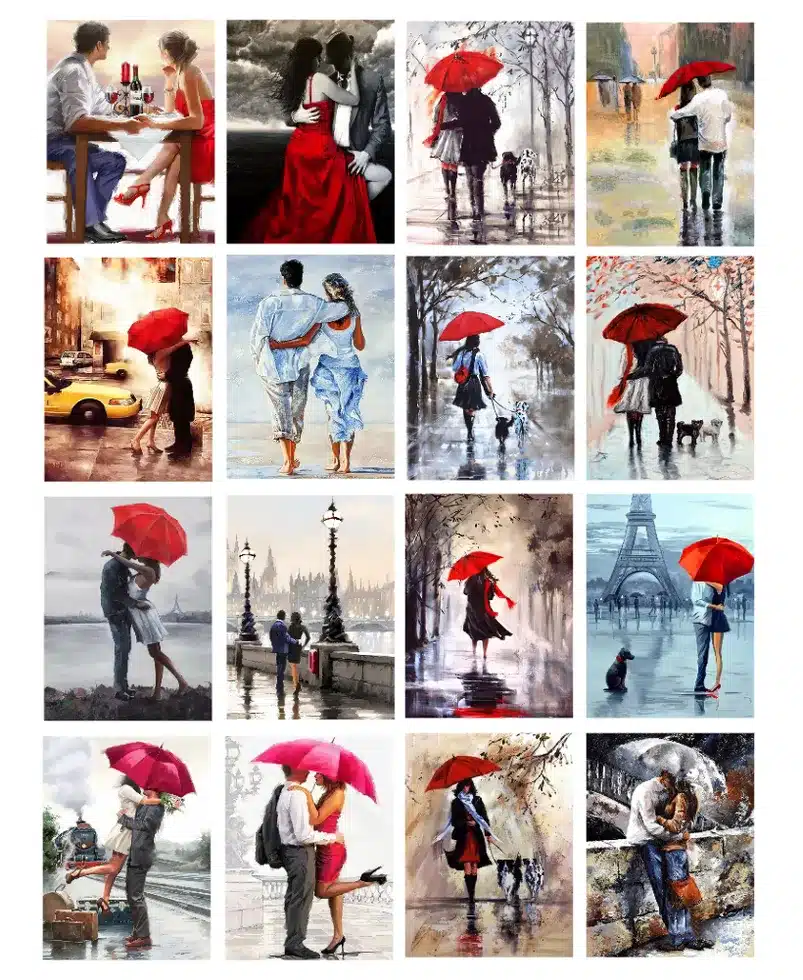 Couple Walking in The Rain with Umbrella Artworks Printed on Canvas