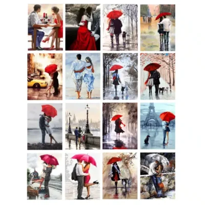 Couple Walking in The Rain with Umbrella Artworks Printed on Canvas
