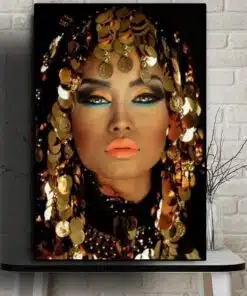 Woman With Makeup and Gold Plates Printed on Canvas