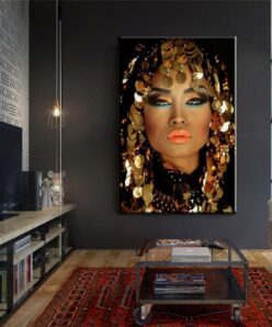 Woman with Makeup and Gold Plates Printed on Canvas