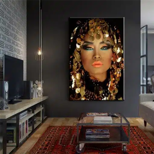 Woman with Makeup and Gold Plates Printed on Canvas