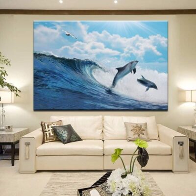 Seascape Artwork With Dolphins Printed on Canvas - Image 2