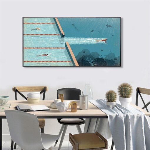 Swimmer Going To The Blue Ocean Painting Printed on Canvas 5