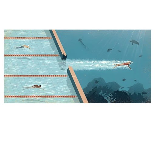 Swimmer Going To The Blue Ocean - Printed on Canvas