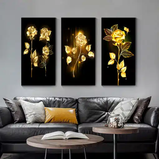 Golden Flowers and Tree Leaves Painting Printed on Canvas