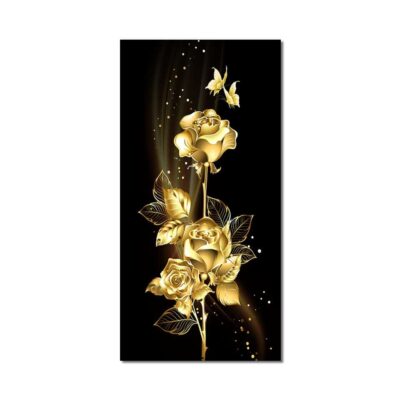 Golden Flowers and Tree Leaves Painting Printed on Canvas - Image 2