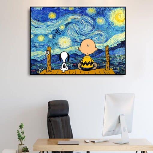 Snoopy & Charlie Watching The Starry Night Printed on Canvas