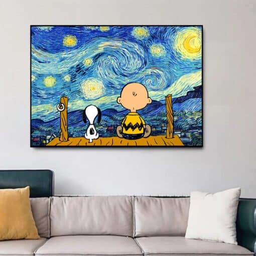 Snoopy and Charlie Watching The Starry Night Printed on Canvas 1