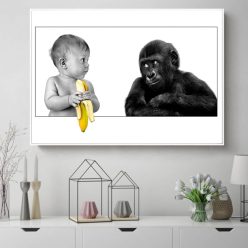 Ape Watching Baby Holding Banana Printed on Canvas