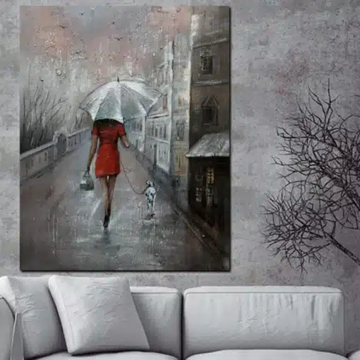 Woman Walk the Dog Painting Printed on Canvas