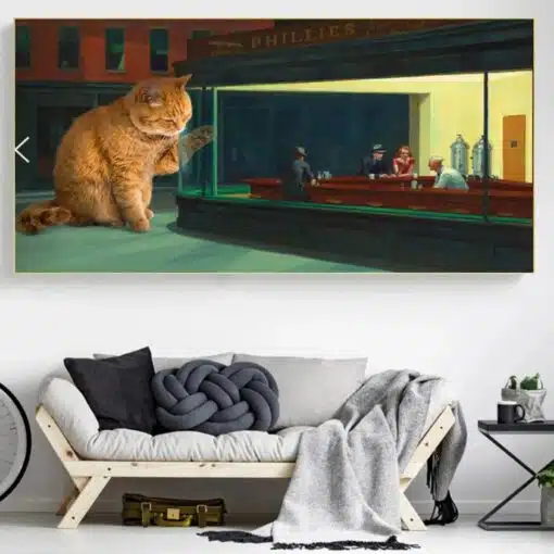 Artwork of a Big Cat on Nighthawks Printed on Canvas