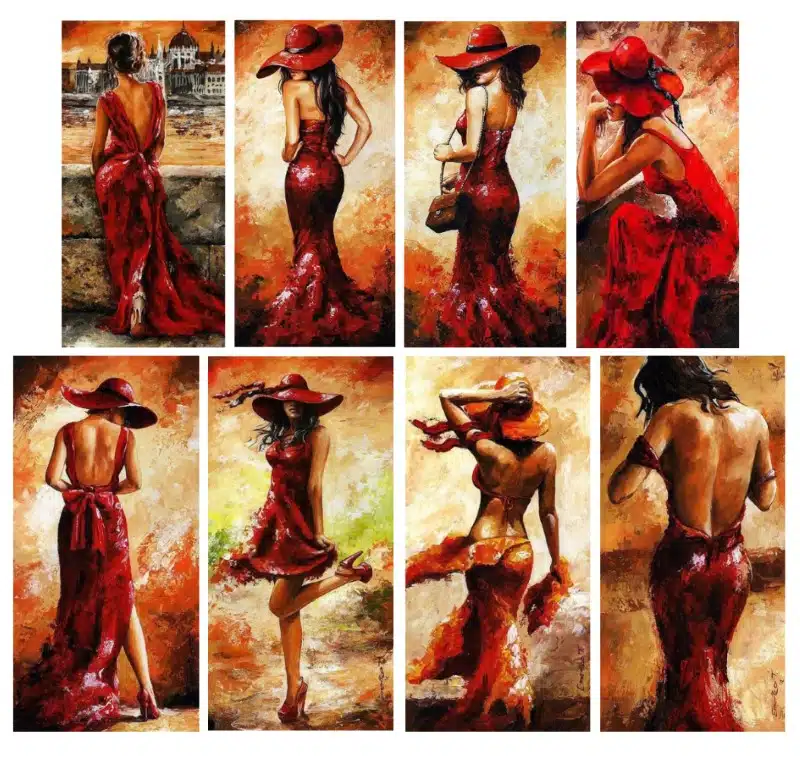 Elegant Woman in Red Dress Printed on Canvas