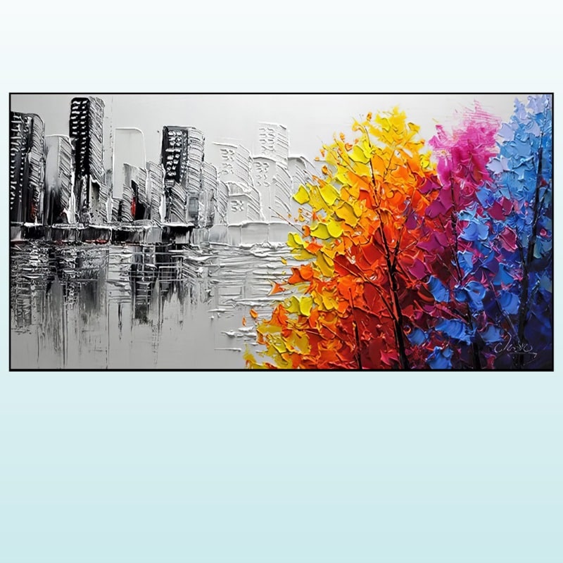 Cityscape and Trees Abstract Painting Printed on Canvas