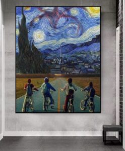 Boys on Bicycles Looking at the Starry Night Printed on Canvas