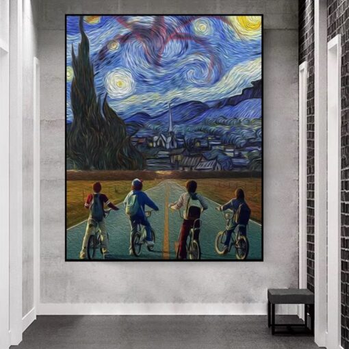 Boys on Bicycles Looking at the Starry Night Printed on Canvas