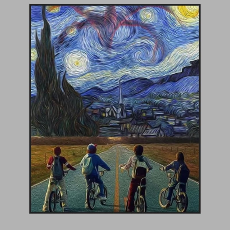 Boys on Bicycles Looking at the Starry Night Printed on Canvas