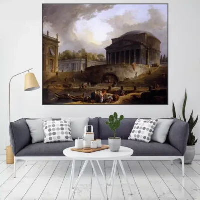 A View of Ripetta by Hubert Robert Printed on Canvas