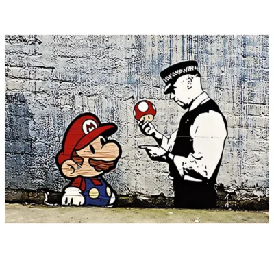 Banksy Graffiti Super Mario and Policeman Printed on Canvas - Image 2