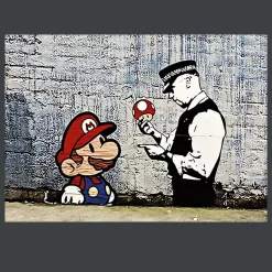 Banksy Graffiti Super Mario and Policeman Printed on Canvas - Image 3
