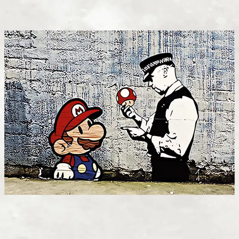 Banksy Graffiti Super Mario and Policeman Printed on Canvas