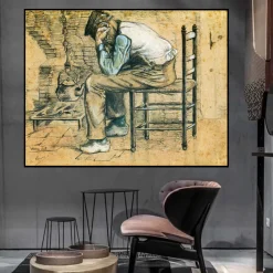 Peasant Sitting by the Fireplace Worn Out by Vincent van Gogh Printed on Canvas