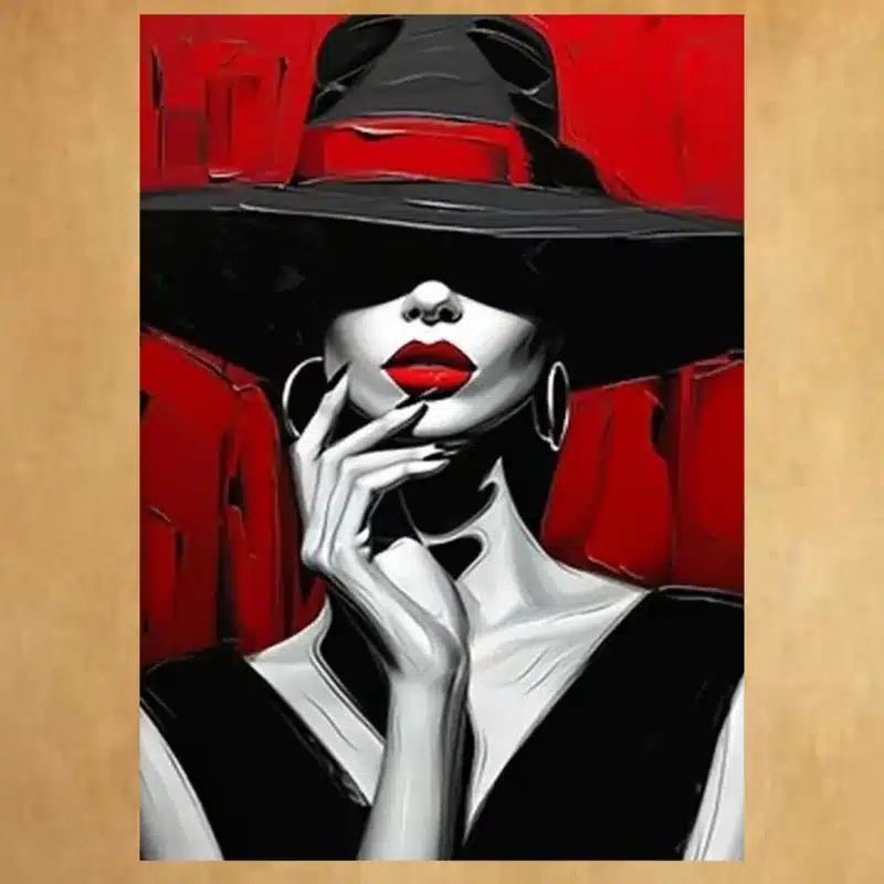 The Woman With the Red Lips and the Black Hat Printed on Canvas