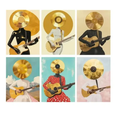 Guitarist With a Golden Record Head Printed on Canvas