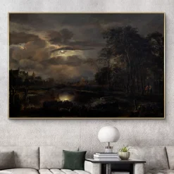Moonlit Landscape with Bridge by Aert van der Neer Printed on Canvas