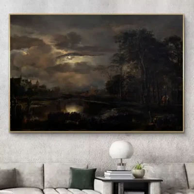 Moonlit Landscape with Bridge by Aert van der Neer Printed on Canvas