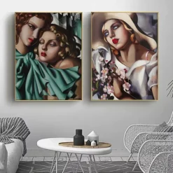The Girls and The Straw Hat by Tamara de Lempicka Printed on Canvas