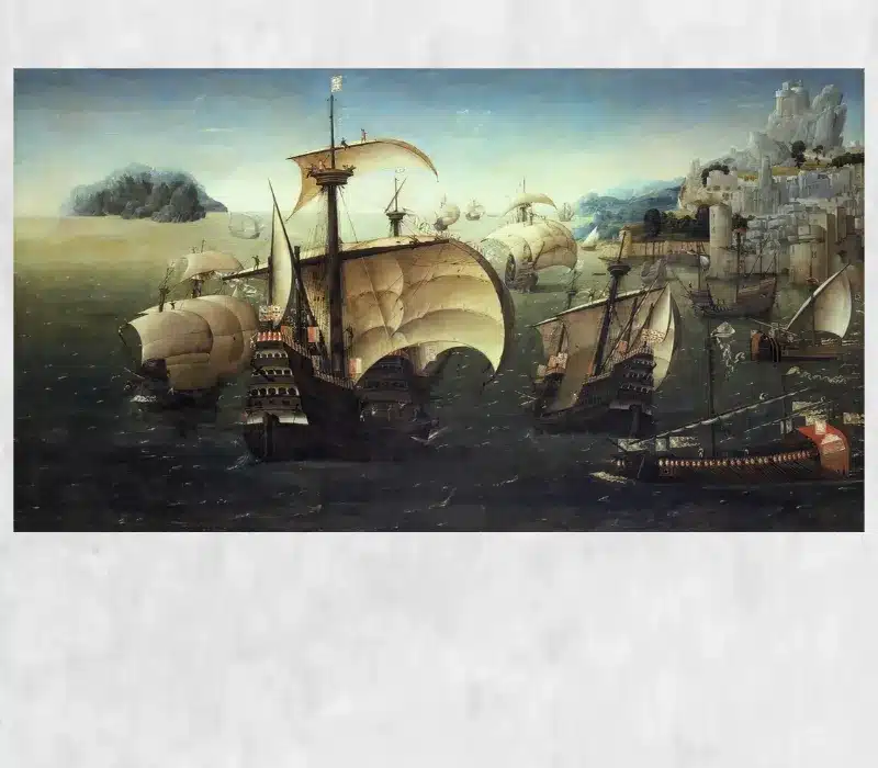 Portuguese Carracks off a Rocky Coast Printed on Canvas