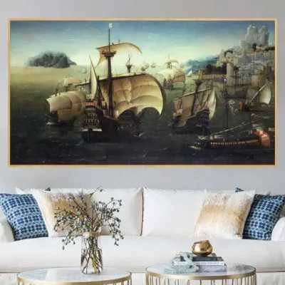 Portuguese Carracks off a Rocky Coast Printed on Canvas