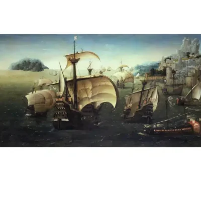 Portuguese Carracks off a Rocky Coast